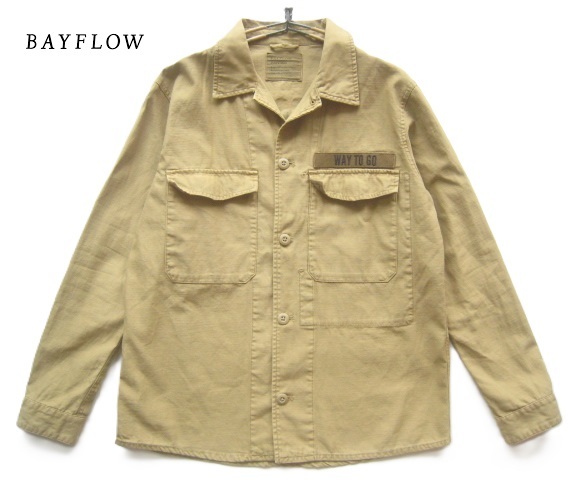 美品!!ベイフロー BAYFLOW*後染め加工 ステンシル刺繍ワッペン付き ミリタリーシャツジャケット 3 実寸M モカ拍卖