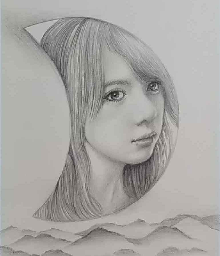 鉛筆画 美人画デッサン 真作「恵那・月の窓辺№.10EL」 Atelier809 by 九利多 祐志 作 A4サイズ真作です。 ※額縁は付いていません。拍卖