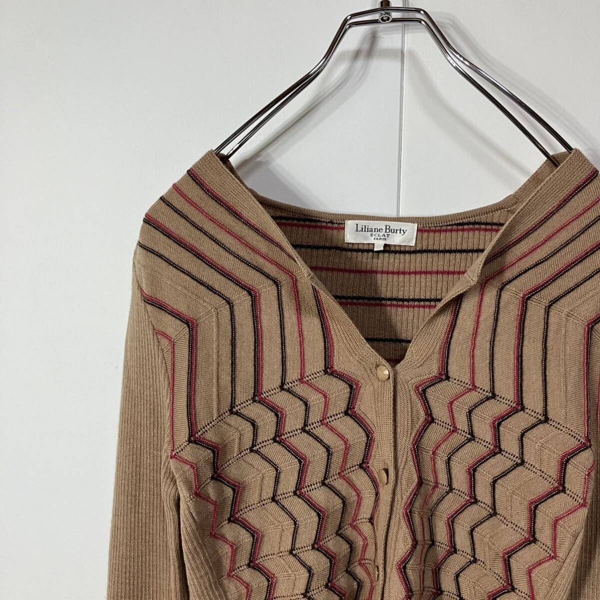 古着 ギザギザ 立体 デザイン スキッパー ウール 長袖 ニット カーディガン ライトブラウン S拍卖