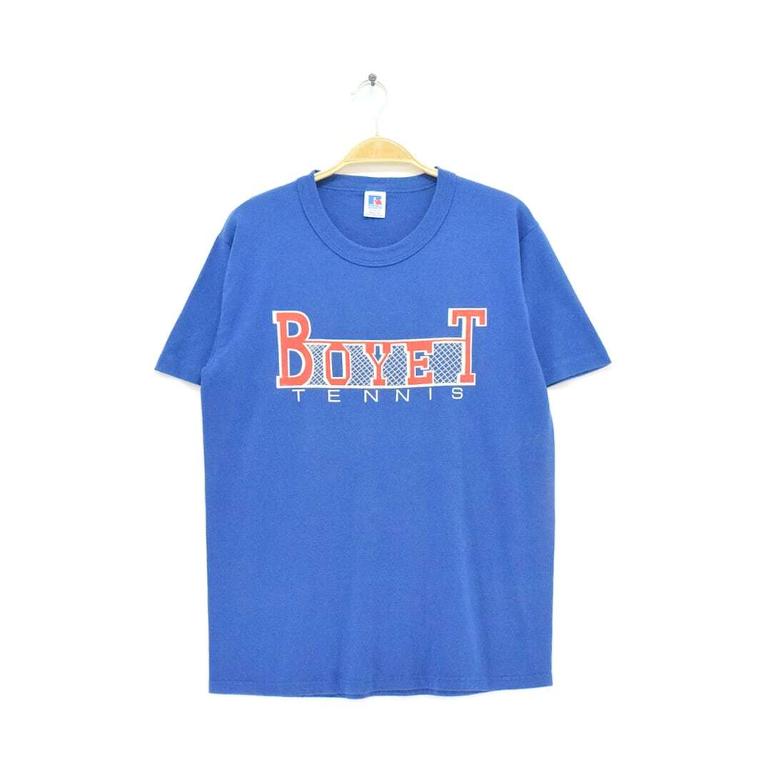【送料無料】80s ラッセル USA製 ヴィンテージTシャツ 青 BOYET TENNIS 袖シングル サイズM 古着 @BZ0238拍卖