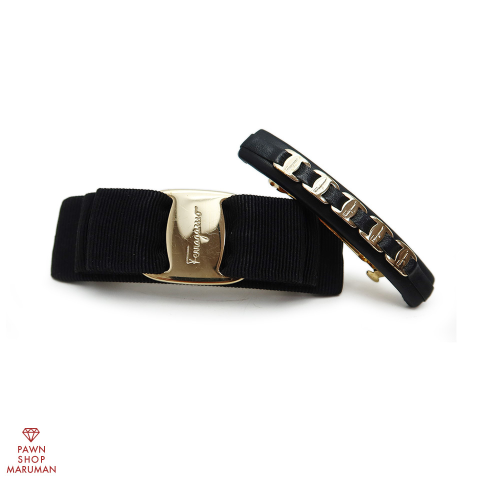 フェラガモ ヴァラリボン バレッタ 2コセット コットン×レーヨン×レザー×真鍮 ブラック×ゴールド金具 【丸万質舗】拍卖