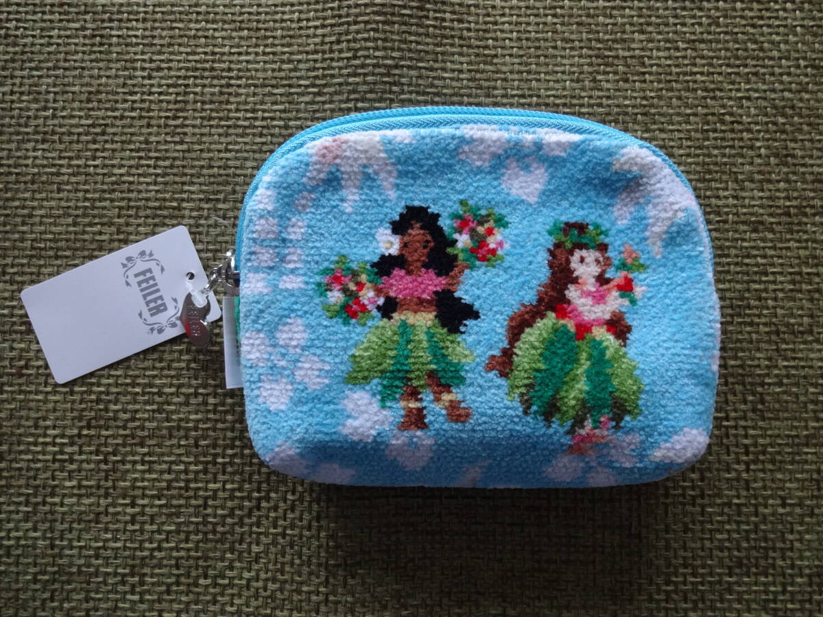 新品タグ付き未使用 フェイラー FEILER マナマナ フラガール ブルー FEILER ポーチ シュニール織 拍卖