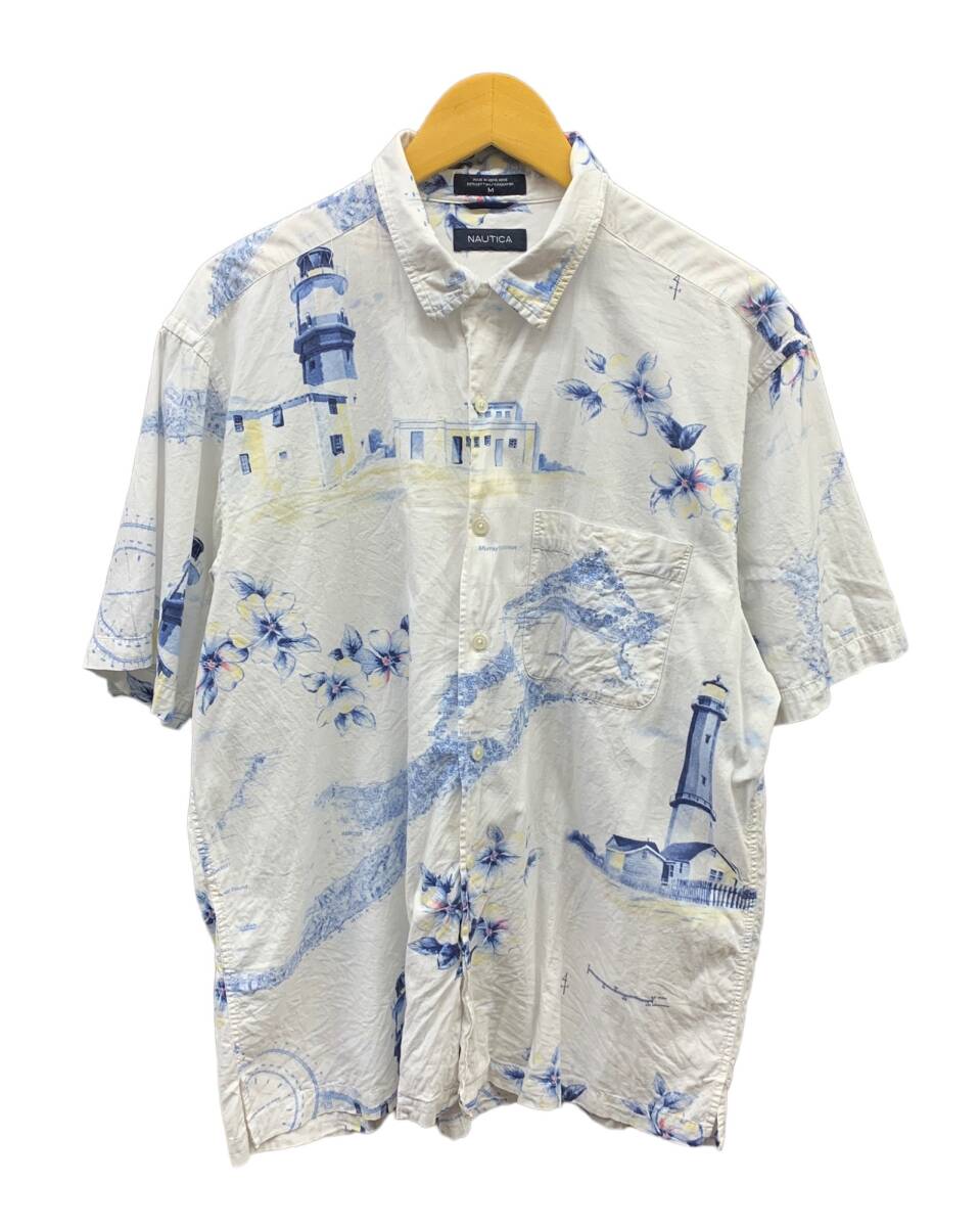 NAUTICA (ノーチカ) コットンアロハシャツ 半袖 シャツ 総柄 レーヨン ハイビスカス M ホワイト系 ブルー系 メンズ/025拍卖