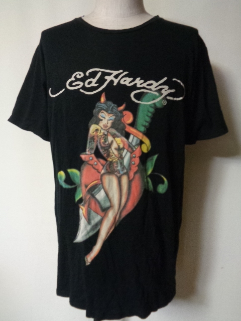 Ed Hardy エド・ハーディー コットン 半袖 プリント Tシャツ カットソー 黒 デビルズ ナイフ XL拍卖