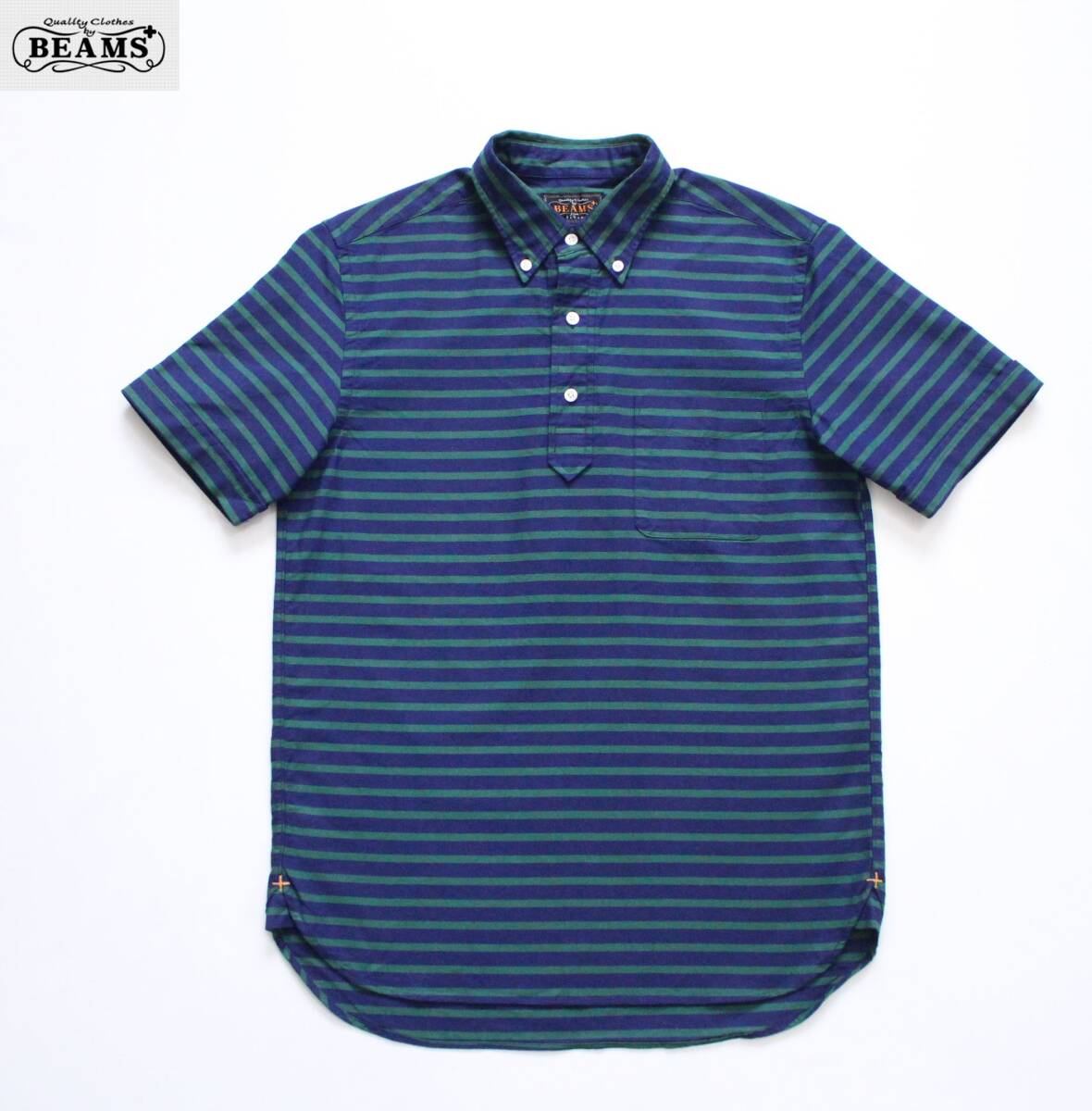 【 BEAMS PLUS ビームス+ 】ネイビー/グリーン ボーダー プルオーバー 半袖シャツ XS ポロシャツ 11-01-0179-139 ボタンダウン 日本製拍卖