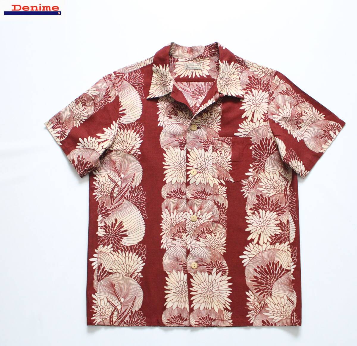【 DENIME ドゥニーム 】ALOHA HAWAIIAN Dream コットン 半袖 オープンカラー アロハシャツ M ハワイアン 和風 HAND PRINT 木製ボタン 希少拍卖