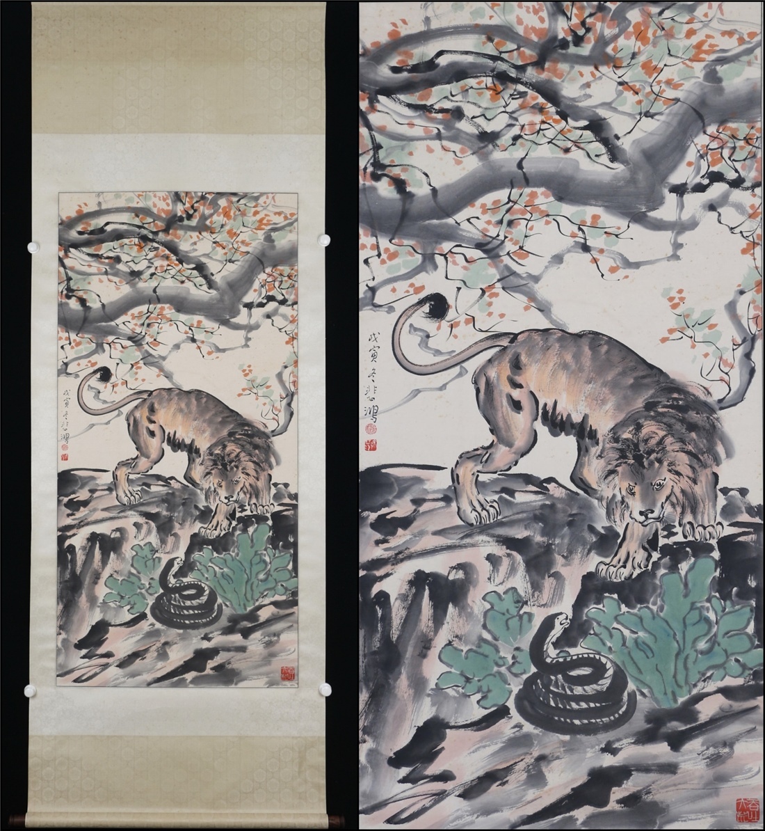 古美術 掛け軸 中国・近現代 「徐悲鴻書」 紙本 【獅蛇斗】 立軸 書道 巻き物 真筆逸品 肉筆保証 唐物 古画 LT-24571拍卖