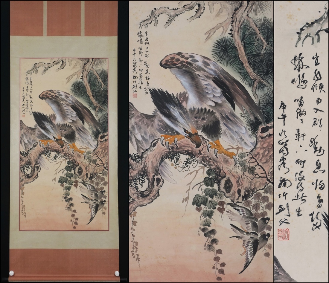 古美術 掛け軸 中国・近現代 「高剣父書」 紙本 【雄鷹狩猟図】 立軸 書道 巻き物 真筆逸品 肉筆保証 唐物 古画 LT-24648拍卖