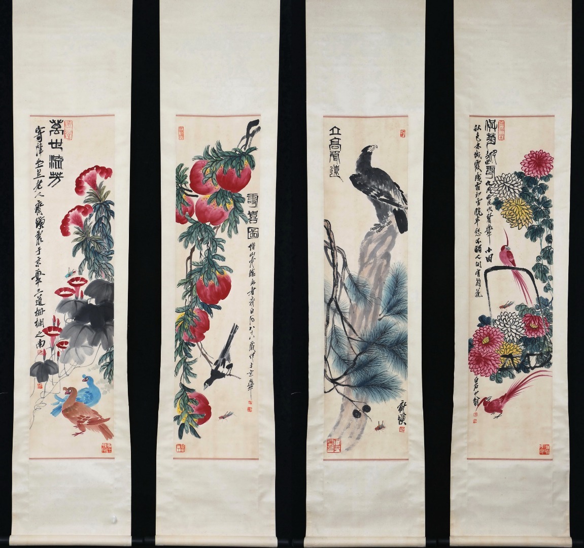 古美術 掛け軸 中国・近現代 「斉白石書」 紙本 【花卉働物図 四条屏】 立軸 書道 巻き物 真筆逸品 肉筆保証 唐物 古画 LT-24455拍卖