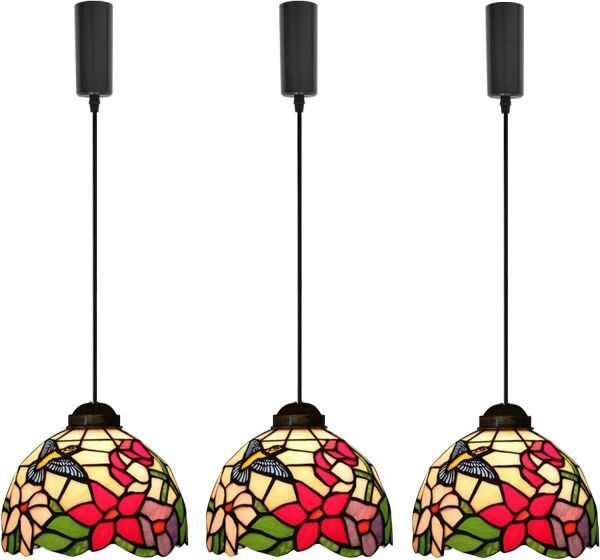 ケビン 3個入 レトロペンダントライト ステンドグラス 長さ調節可 コード収納カップ付き 天井 E26 LED ダクトレールライト【電球別売り】拍卖