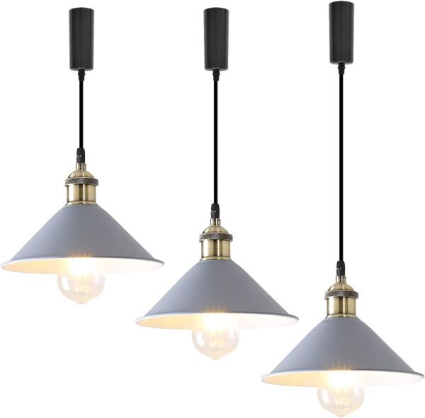 ケビン 3個入 レトロペンダントライト 長さ調節可 コード収納カップ付き インテリア照明 北欧 E26 LED ダクトレールライト【グレー】拍卖