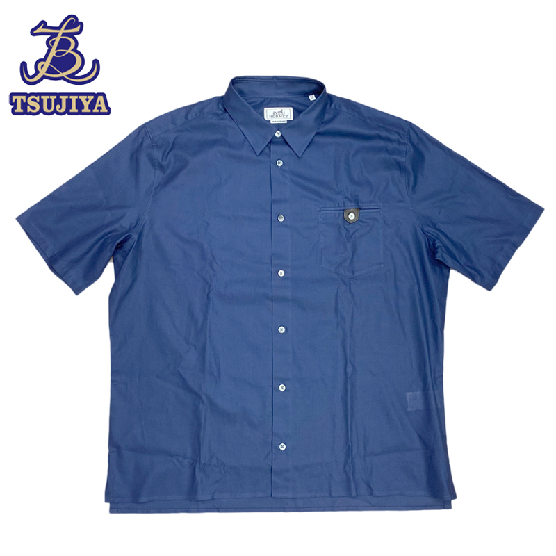 ◆大幅値下げ!★美品_新品同様★ HERMES エルメス 半袖シャツ メンズ サイズ44 ネイビー コットン【辻屋質店A1499】拍卖