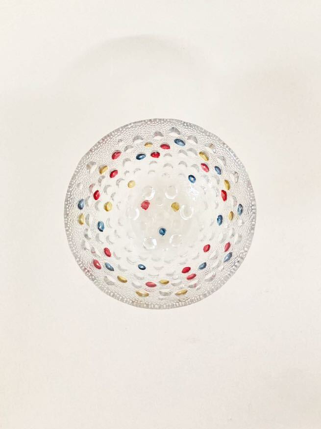 【ad2304009.35】レトロ可愛いドット ガラスボウル 1コ☆ ドット柄 赤・青・黄 深皿 サラダボウル 小物入れ 直径 約13㎝ ヒビあり拍卖