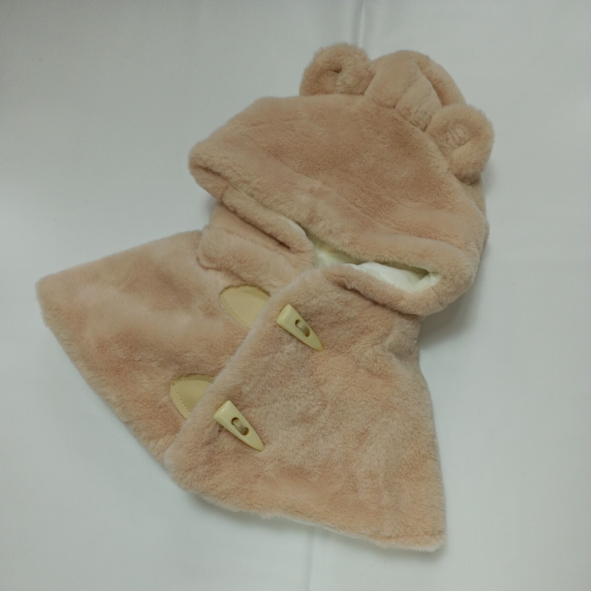 【キャメル】【未使用】 ベビー 赤ちゃん 男の子 女の子 帽子 防寒 ぽんちょ ポンチョ クマ耳 耳付き もこもこ あったか シンプル 無地拍卖