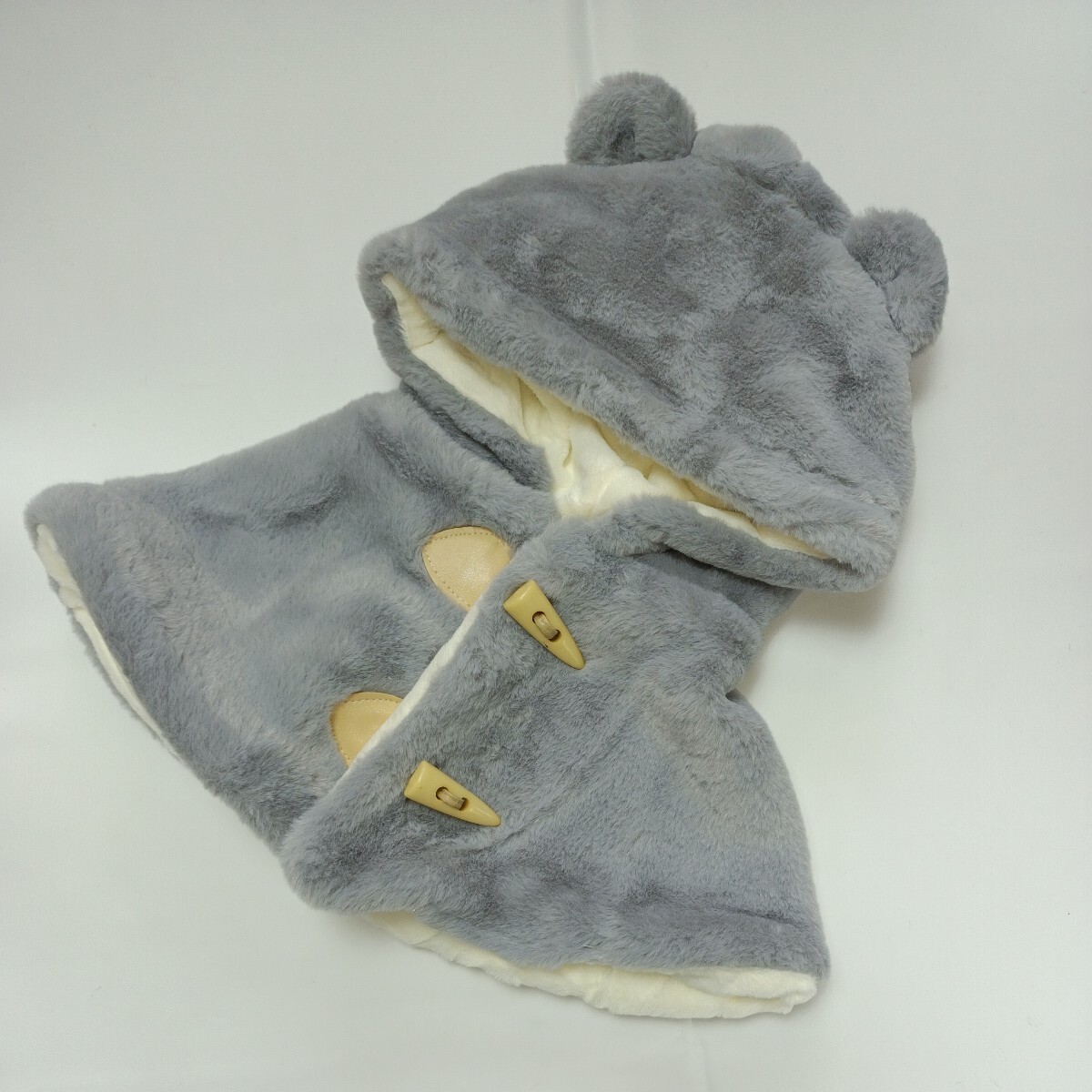 【ブルー】【未使用】ベビー 赤ちゃん 男の子 女の子 帽子 防寒 ぽんちょ ポンチョ クマ耳 耳付き もこもこ あったか シンプル 無地 ④拍卖