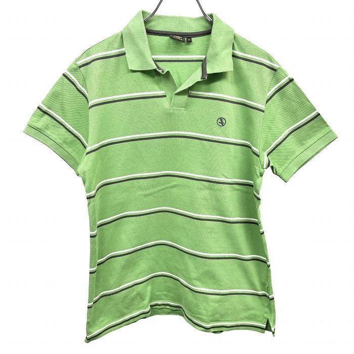 エーグル AIGLE ポロシャツ オープンカラー 鹿の子 ボーダー 半袖 日本製 裾の両サイドにスリット 綿100% S グリーン レディース(メンズ?)拍卖