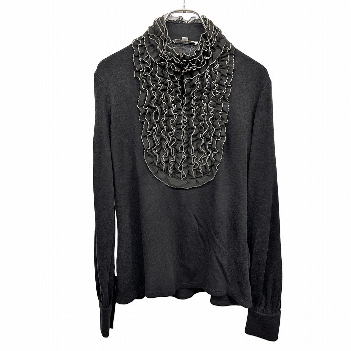 ナラカミーチェ 【新品】 薄手 プルオーバー ウールライクニット カットソー フリルフロント 長袖 アクリル×毛 2 ブラック 黒 レディース拍卖