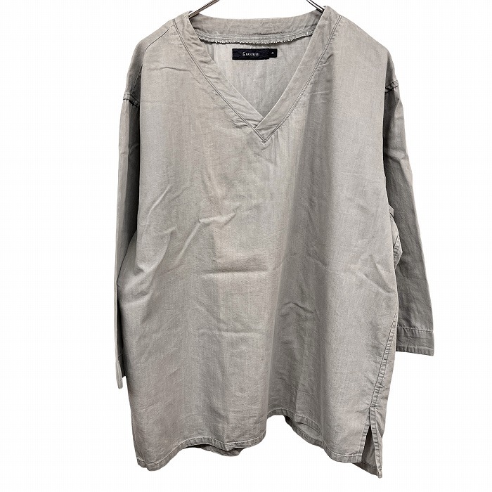 レイジブルー プルオーバーシャツ Vネック 無地 ボックスカット 裾の両サイドにスリット 7分袖 綿×リヨセル M ヘザーグレー レディース拍卖
