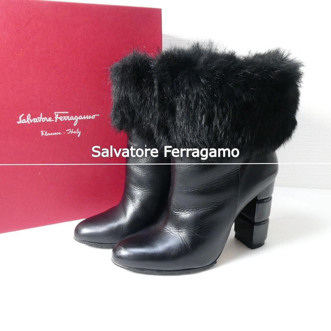 Salvatore Ferragamo サルヴァトーレフェラガモ 6.5 約24 レザー ボア チャンキーヒール ブーティ ショートブーツ 黒 ブラック拍卖