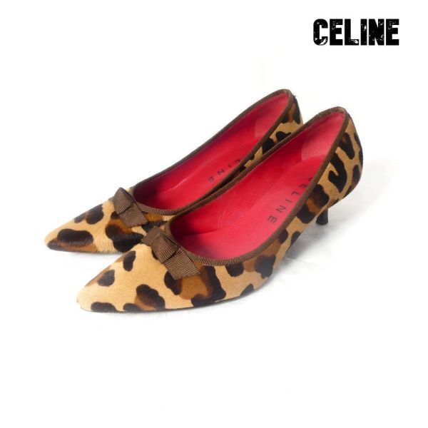 CELINE セリーヌ サイズ35C ヒョウ柄 ハラコ リボン ポインテッドトゥ ローヒール パンプス ベージュ×ブラウン拍卖