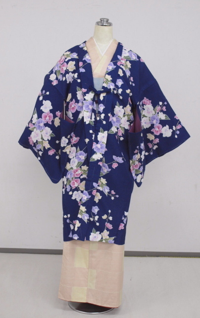 お仕立て上がり 0771 洗える長羽織 青 花柄(レターパック不可)拍卖