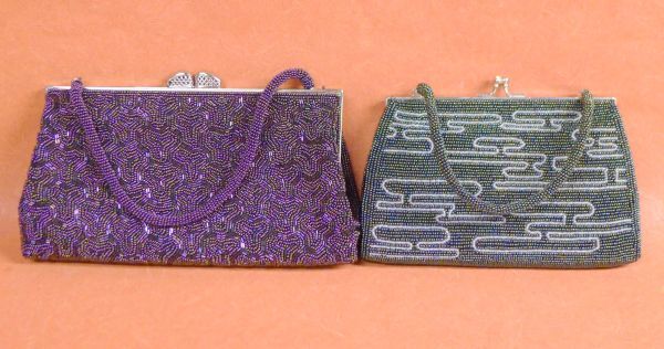 e★318 がま口 総ビーズバッグ ハンドバッグ 和装バッグ 紫色 パープル 緑色 グリーン 2点 /80拍卖