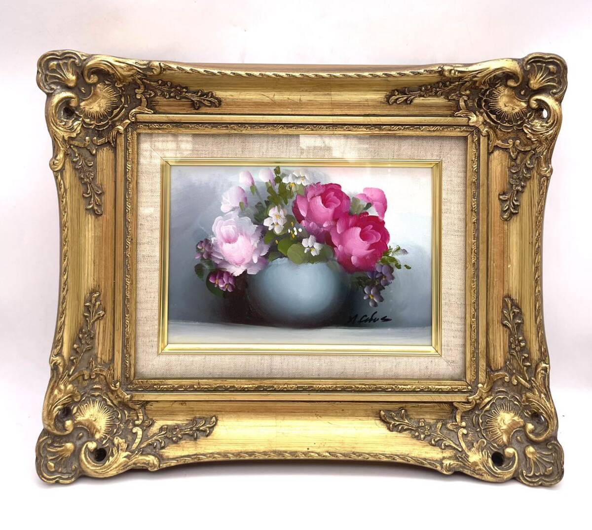 油彩 油絵 静物画 花 サインあり 額装 拍卖