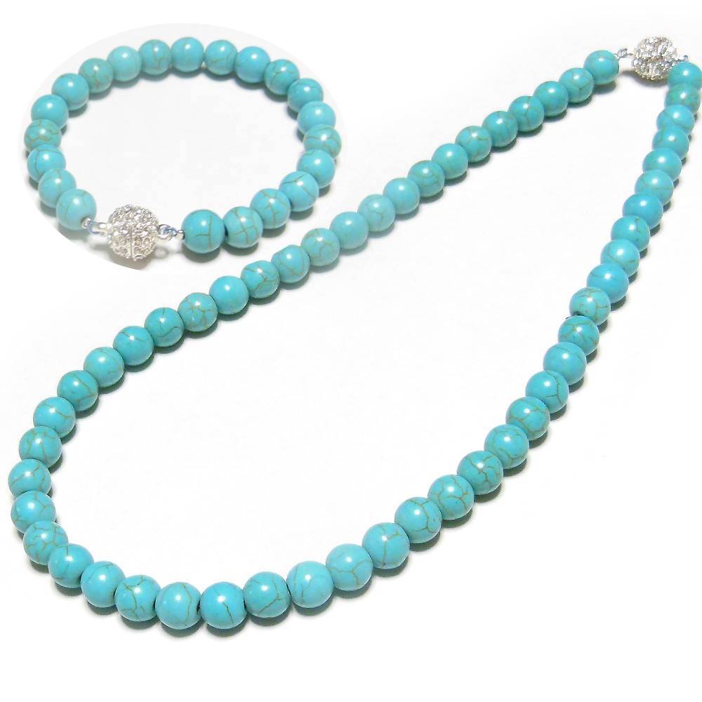 ターコイズ ネックレス・ブレスセット強力マグネットクラスプワンタッチ式【】<12月誕生石> 送料無料! 即決拍卖