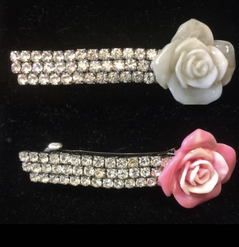 薔薇ラインストーンバレッタピンクと白2本セット拍卖