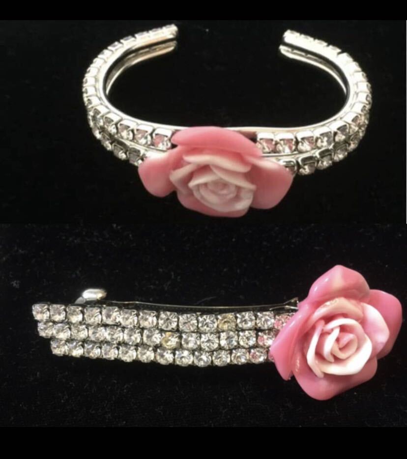 ピンク薔薇ラインストーンバングルとバレッタ拍卖