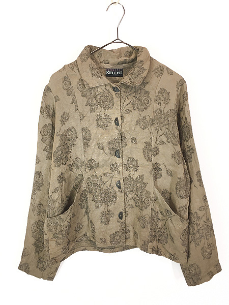 レディース 古着 90s USA製 KELLER 花 フラワー 総柄 レーヨン リネン ライト ジャケット S 古着拍卖
