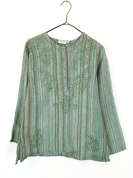 レディース 古着 FUNKY PEOPLE マルチ ストライプ ボタニカル風 ハンド 刺しゅう インド綿 トップス S 古着拍卖