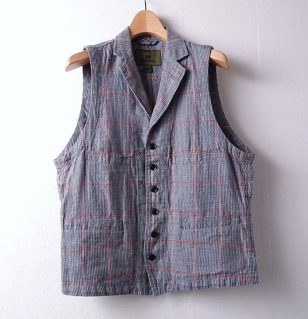Nigel Cabourn ナイジェルケーボン 麻100% チェック ベスト マロリーベスト リネン 襟 日本製 前下がり メンズ (48) ブルー系 ●r-114拍卖