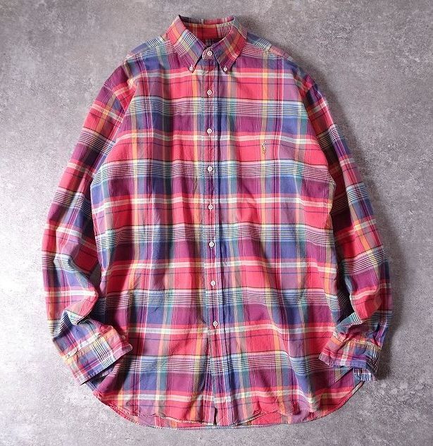 POLO RALPH LAUREN ポロ ラルフローレン オックスフォード ボタンダウン チェックシャツ 刺繍 メンズ 大きいサイズ (XLT) オレンジ系 r-084拍卖