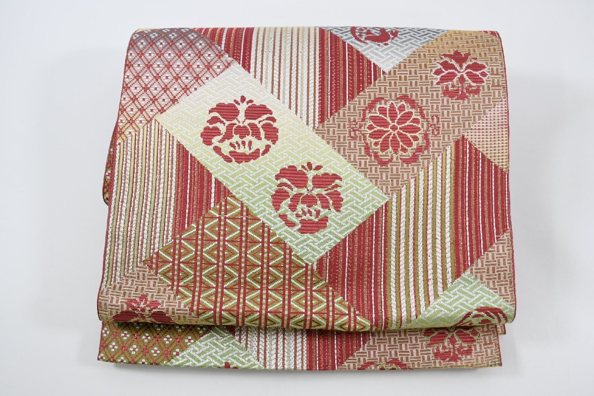 袋名古屋帯 幾何学模様 花 帯丈348cm ★着物屋 ne-10381 桜庭呉服店拍卖