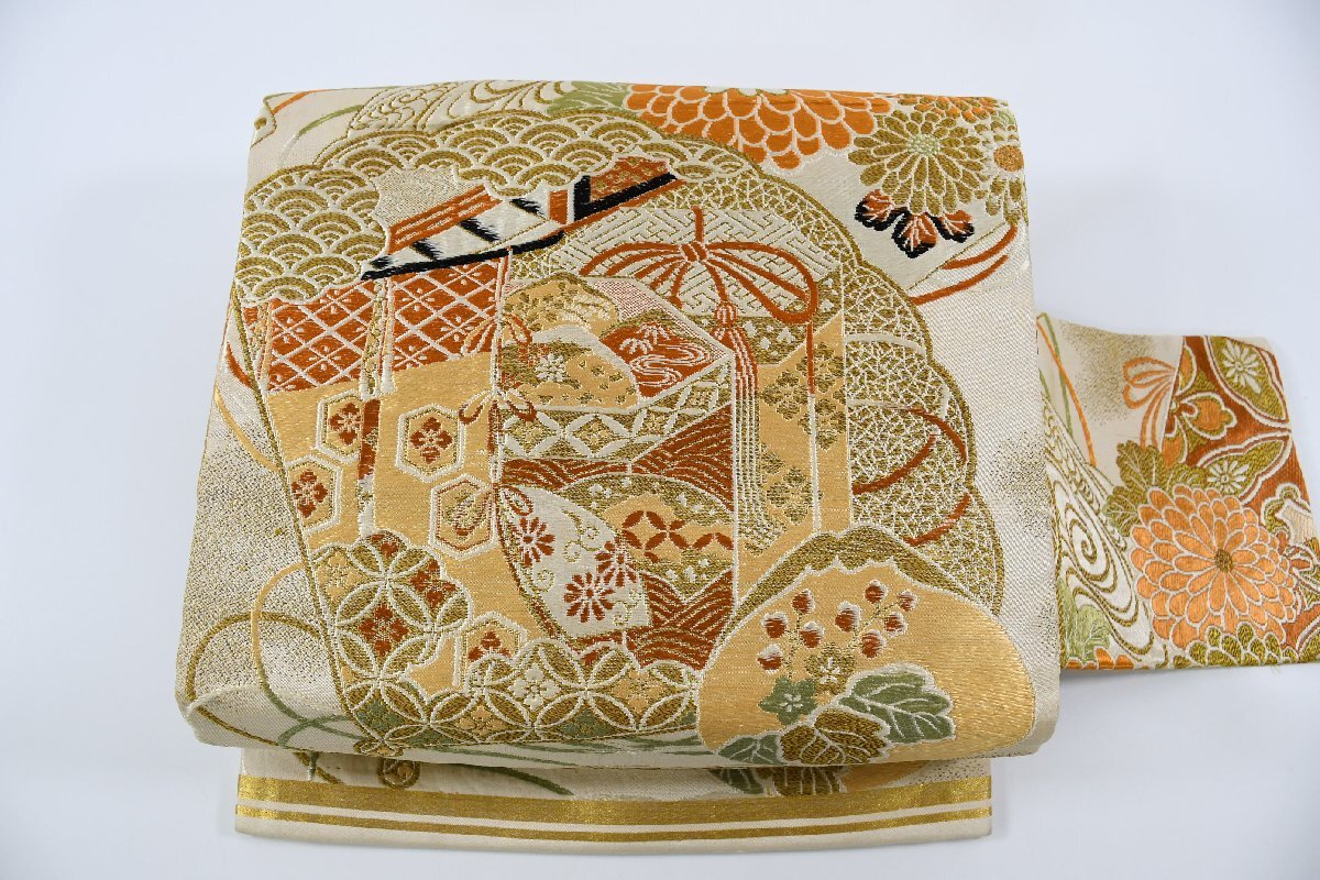 名古屋帯 アンティーク 菊 花 貝桶 帯丈346cm ★着物屋 ne-10362 桜庭呉服店拍卖