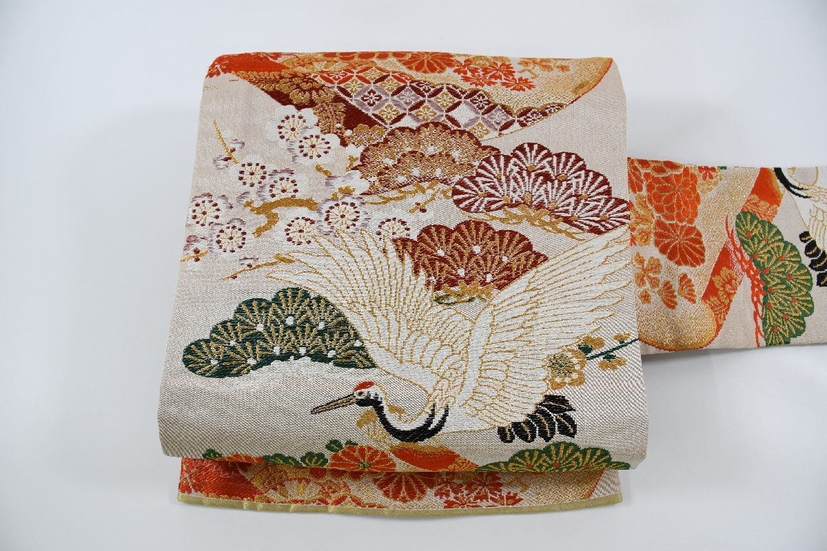 名古屋帯 アンティーク 鶴 松 帯丈382cm ★着物屋 ne-10424 桜庭呉服店拍卖