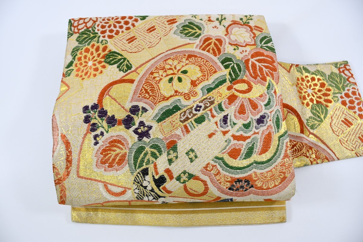 名古屋帯 アンティーク 豪華 巻物 宝尽くし 花 帯丈328cm ★着物屋 ne-10431 桜庭呉服店拍卖
