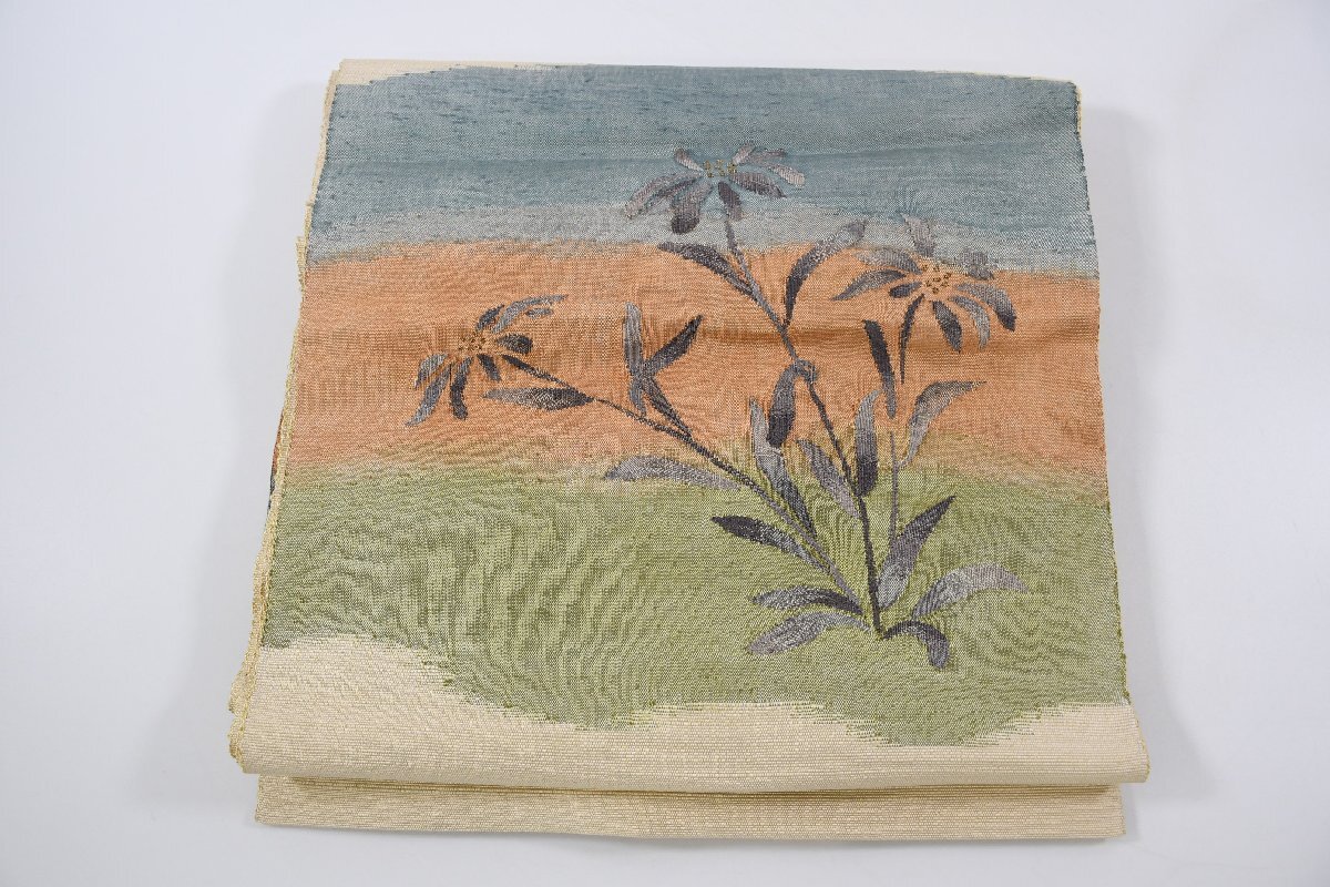 袋名古屋帯 紬地 お太鼓柄 風景 花 帯丈356cm ★着物屋 ne-10458 桜庭呉服店拍卖