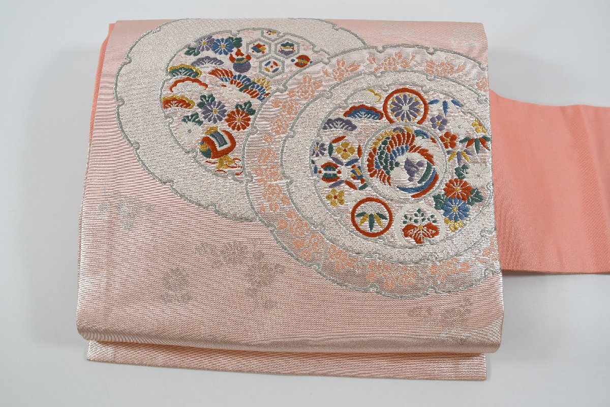 名古屋帯 更紗 花 銀糸 帯丈3350cm ★着物屋 ne-10540 桜庭呉服店拍卖