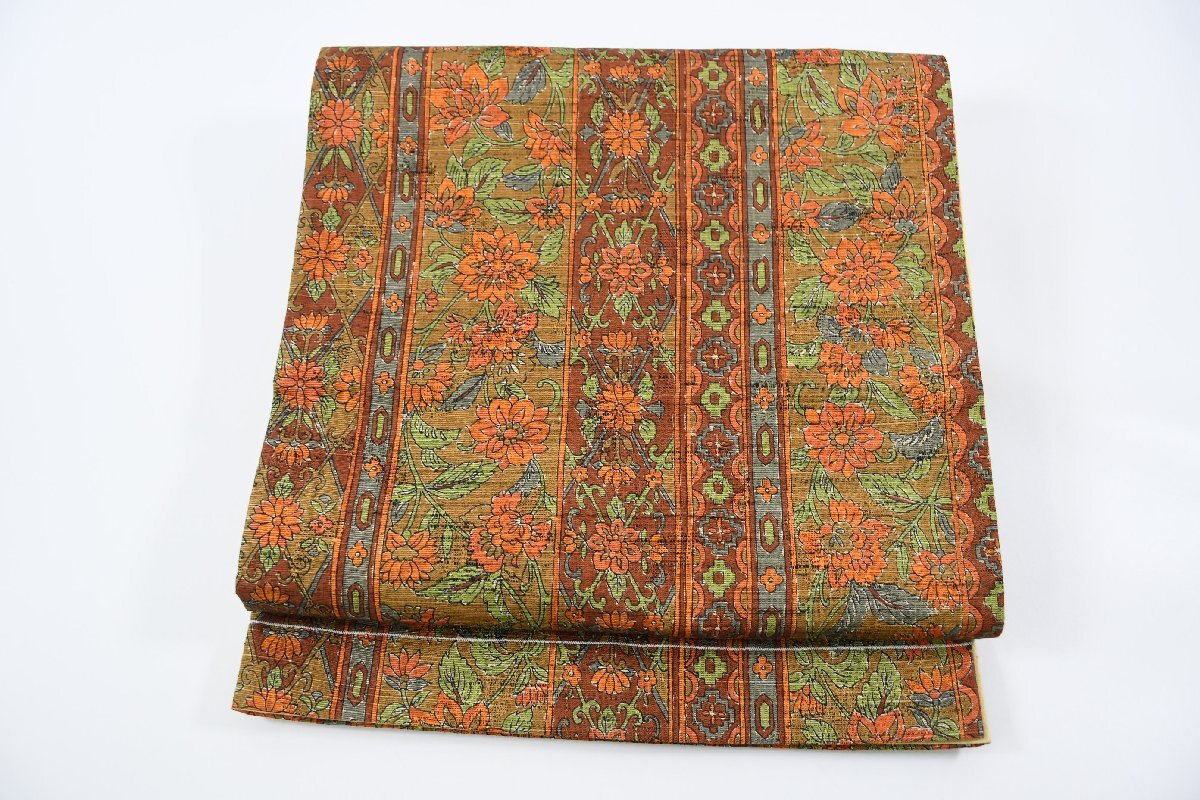 袋帯 紬地 全通 ボタニカルフラワー 帯丈426cm ★着物屋 ne-10798 桜庭呉服店拍卖