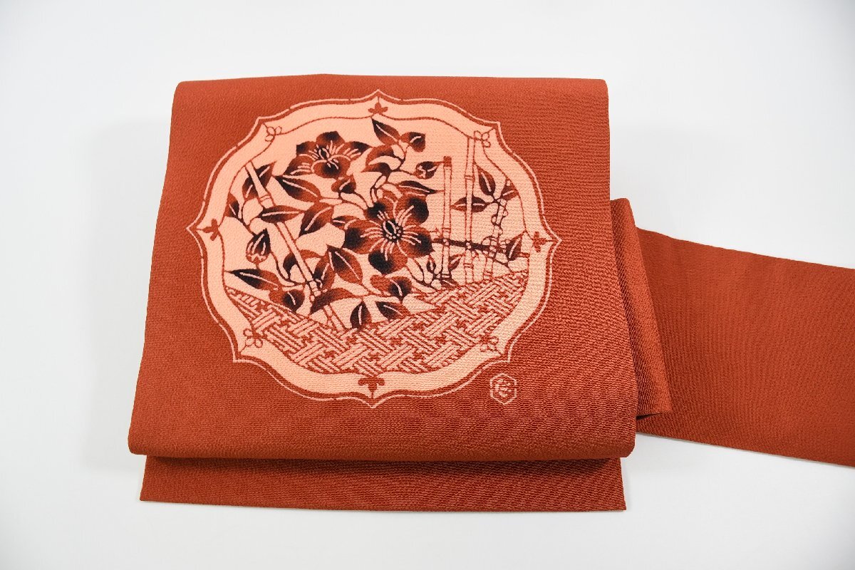 名古屋帯 草木手染 ちりめん 花 帯丈386cm ★着物屋 ne-10817 桜庭呉服店拍卖