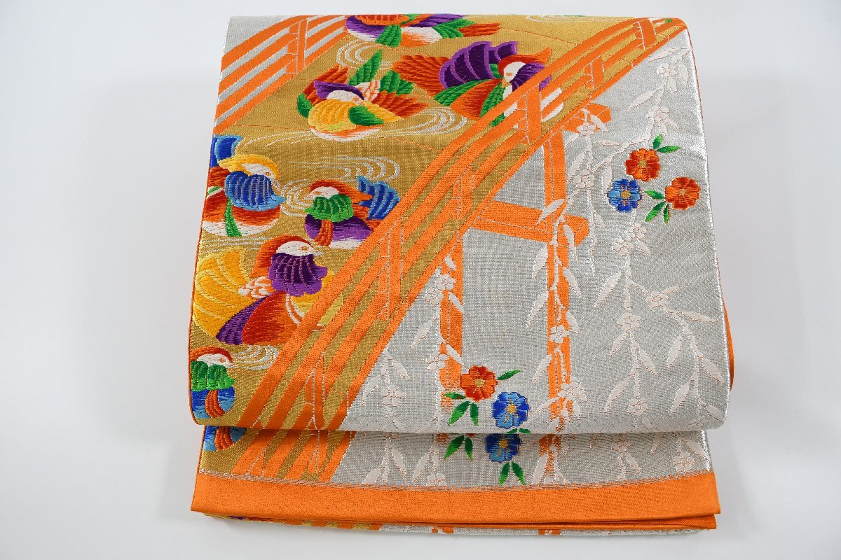 袋帯 六通柄 橋 花 鴛鴦 帯丈426cm ★着物屋 ne-10835 桜庭呉服店拍卖