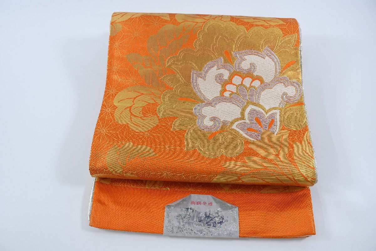 袋帯 全通 リバーシブル 花 帯丈434cm ★着物屋 ne-10833 桜庭呉服店拍卖