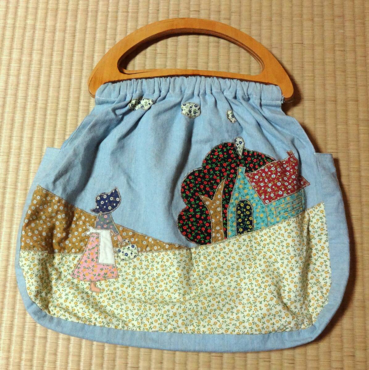 当時物!昭和レトロ!昔懐かしい木の持ち手付買い物バッグ拍卖