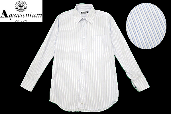 Y-7391★送料無料★美品★Aquascutum アクアスキュータム★日本製 ホワイト×ブルー ストライプ 長袖 ドレス シャツ S-相当拍卖