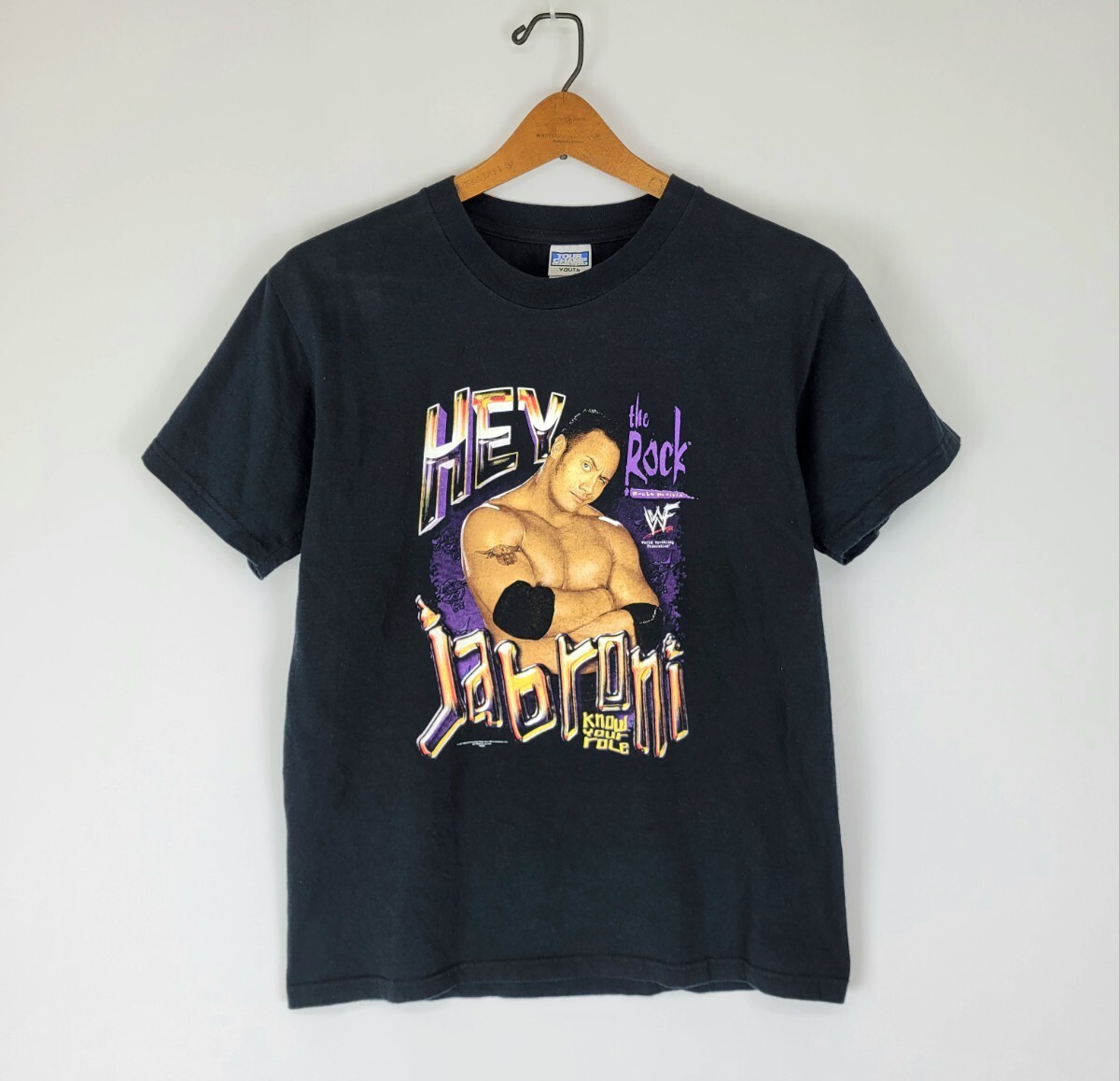 良好 01年 生地 USA製 WWF THEROCK Tシャツ ユースLサイズ メンズS程度 00s 00年代 ザ・ロック ドウェインジョンソン ビンテージ プロレス拍卖