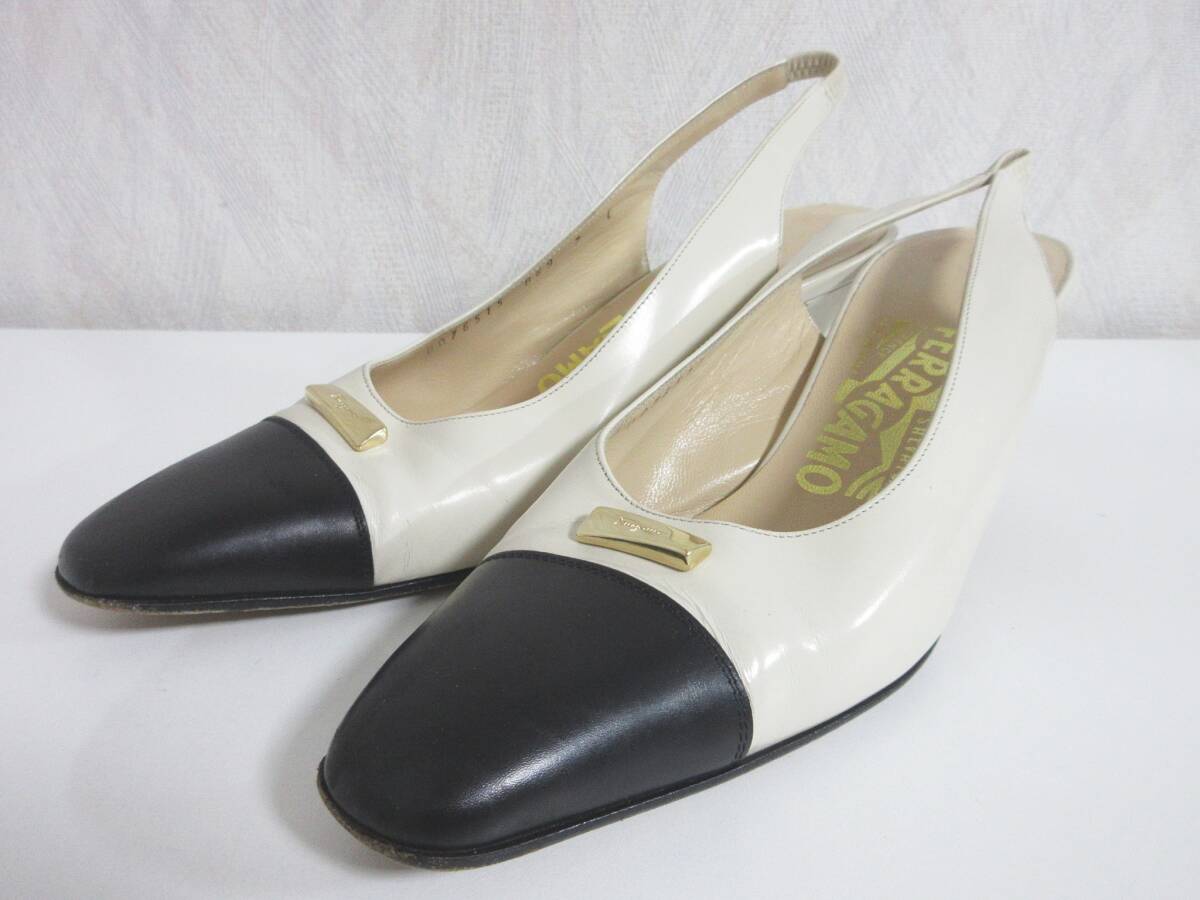 サルヴァトーレフェラガモ Salvatore Ferragamo バイカラー バックストラップ パンプス オフ白 ブラック 7C 北6928拍卖