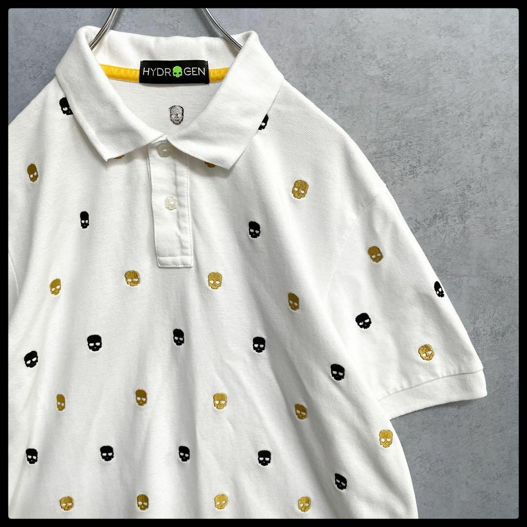 ハイドロゲン 総柄 ロゴ刺繍 ドクロ 鹿の子 半袖 ポロシャツ ホワイト XL Hydrogen メンズ デザインボタン スカル 骸骨拍卖