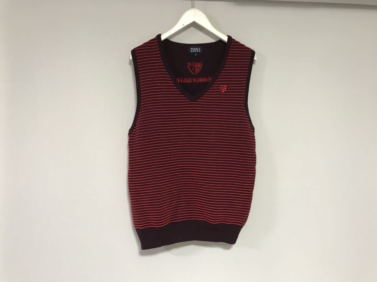 本物パーリーゲイツPEARLYGATESウールボーダー柄VネックニットジレベストカーディガンサーフアメカジミリタリーゴルフビジネススーツL赤茶4拍卖